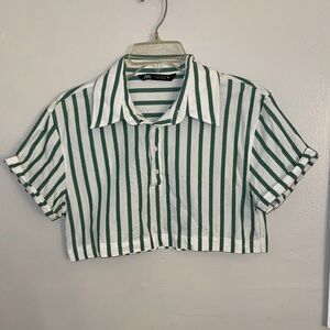 Zara White and Green Striped Crop Top